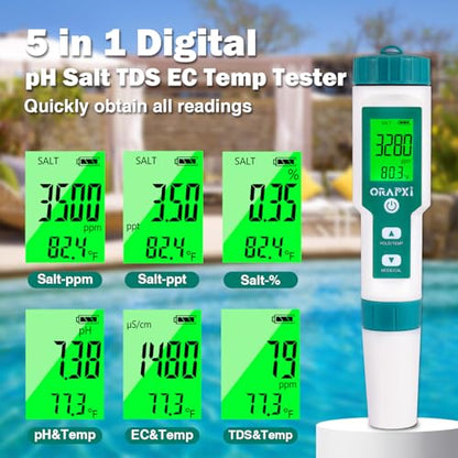 Pool Salt Tester ORAPXI pH and Salt Meter for Saltwater Pool pH and Salinity Digital Tester 5 in 1 Salt Meter for Swimming Pools Hot Tubs and Swim Spas