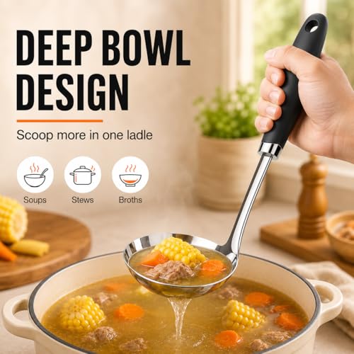 Stainless Steel Soup Ladle, 12 Inch Metal Ladle Spoon with Ergonomic Handle for Soup, Stew, Sauce, Chili, Gravy and Serving, Dishwasher Safe - color: B-Silver Ladle