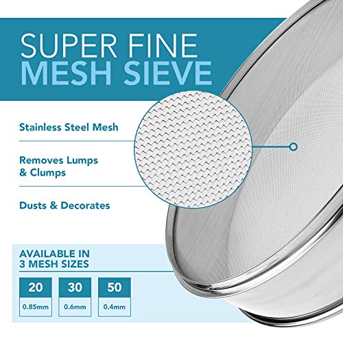 Vollum Stainless Steel Flour Sifter Fine Mesh Round Flour Sieve for Baking 14" Diameter x 2.88" High; 20 Mesh (Hole Size 0.85mm) - size: 14" Dia. x 2.88" High