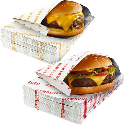 Retro, Grease Proof Burger Wrappers Combo 100Pk. Insulated, Pro Quality Bulk Hamburger and Cheeseburger Bags are BPA Free. Large, Allergen Friendly BBQ Foil Paper Great Cooking Supply For Themed Party