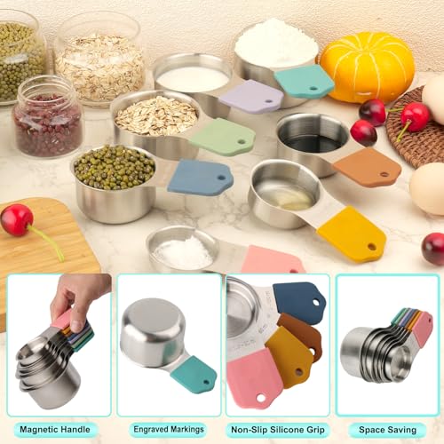 Magnetic Measuring Cups and Spoons Set of 16, 7 Stainless Steel Measuring Cups, 8 Double-Sided Measuring Spoons with 1 Leveler, Color Coded Handles, Dual Markings for Dry and Liquid Ingredients - color: Silver