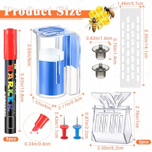 Qualirey 11 Pcs Queen Bee Marking Kit with Bottles Marking Pens Plastic Catcher Queen Bee Cage Clips Beehive Entrance Gate Cell Cups Push Pins for Beekeeping Supplies (Blue)