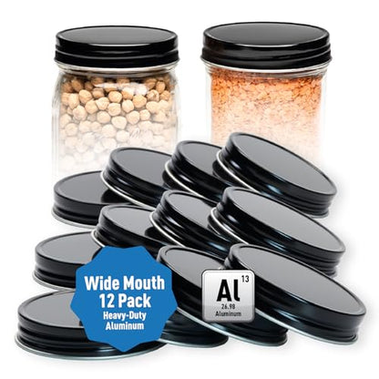 AllSpice Rust-Proof Wide Mouth Aluminum Metal Mason Jar Lids Leak-Proof 12-Pack (Black) - color: Black, size: Wide Mouth