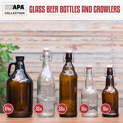 Ilyapa 16oz Amber Glass Beer Bottles for Home Brewing - 6 Pack with Airtight Rubber Seal Flip Caps - size: 6 pack