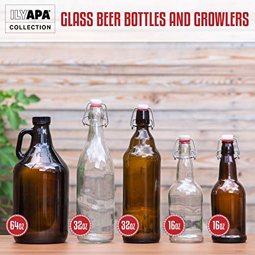 Ilyapa 16oz Amber Glass Beer Bottles for Home Brewing - 6 Pack with Airtight Rubber Seal Flip Caps - size: 6 pack