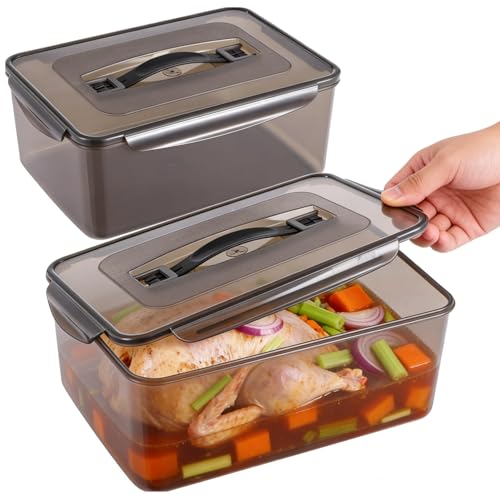 2 Pcs Brining Marinating Containers with Lid 12.5Quart & 8.3Quart Plastic Food Brining Containers Grilling Accessories for Meat Chicken Turkey Rib BBQ Prep Storage