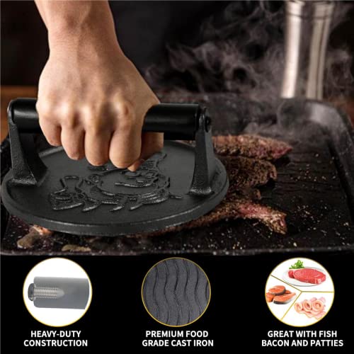 COOKWIN 6" Cast Iron Smashed Burger Press Kit, Heavy-Duty Hamburger Smasher with Non-Slip Handles and 50 pcs Patty Paper, Bacon Meat Weight Press for Steak, Smashburger, Grill and BBQs - color: 6 inch Black