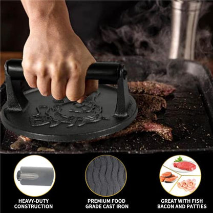COOKWIN 6" Cast Iron Smashed Burger Press Kit, Heavy-Duty Hamburger Smasher with Non-Slip Handles and 50 pcs Patty Paper, Bacon Meat Weight Press for Steak, Smashburger, Grill and BBQs - color: 6 inch Black
