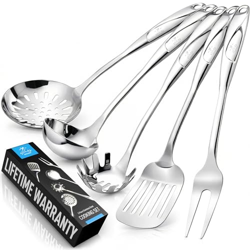 Zulay Kitchen Stainless Steel Cooking Utensil - Stainless Steel Kitchen Utensil - Durable Kitchen Gadgets - Metal Kitchen Accessories - Easy to Clean Kitchen Tools - 5 Piece Set - size: 5 Piece Set