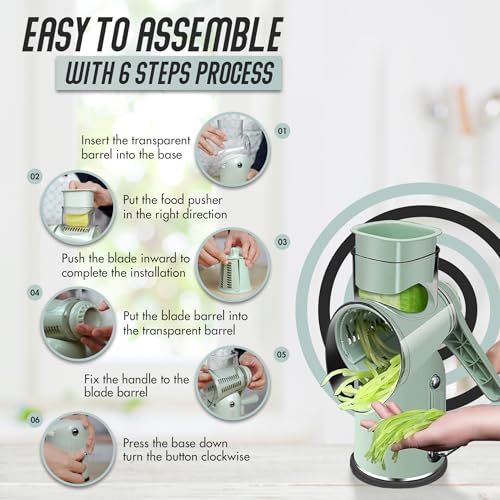 Rotary Cheese Grater Hand Crank, 5 in 1 Vegetable Slicer, Manual Cheese Shredder with Stainless Steel Blades, Food Grater for Cheese Vegetables Nuts, Suction Base, Easy Clean, Green - color: Green