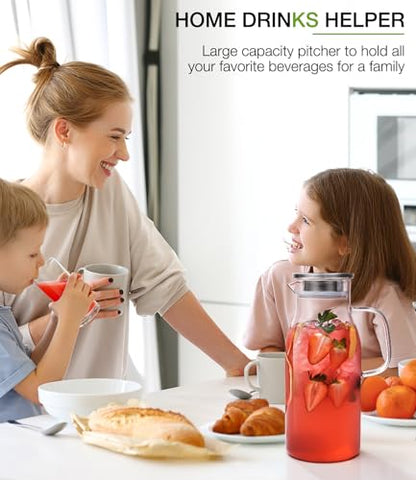 LUNA&MANTHA Glass Pitcher, 2 Liter 68oz Water Pitcher with Lid and Spout, Large Ice Tea Jug for Fridge, Thick Drink Jug with Handle for Juice, Coffee, Borosilicate Glass Carafe Hot/Cold Beverage - color: 68oz