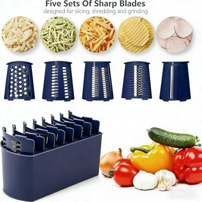 Rotary Cheese Grater with Handle: 5-in-1 Cheese Grater Hand Crank, Strong Suction Base for Fruit Vegetables Nuts with Blade Storage Box(Purple) - color: Purple