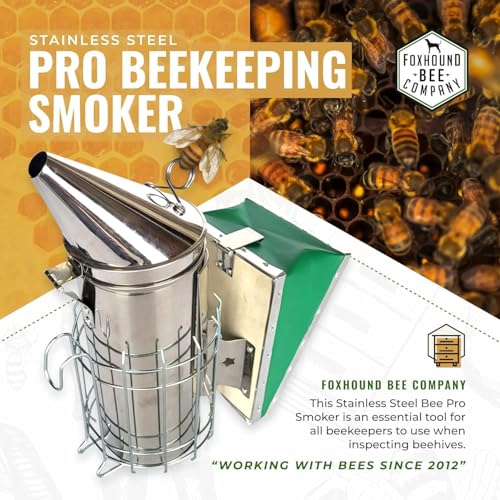 Foxhound Bee Co Stainless Steel 12.5-inch Pro Smoker for Beekeeping with Heat Chamber, Burn Shield, Green Bellow and Heavy Duty Features for Producing Smoke when Working Bee Hives (Large)