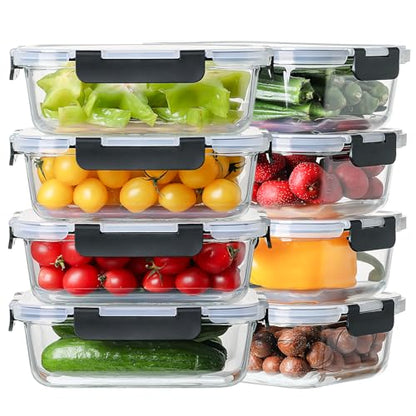 8 Pack 36oz Large Glass Meal Prep Containers with lids, Glass Food Storage Containers with Leak Proof Snap Lock Lids , Airtight Bento lunch Boxes, Kitchen Storage, Oven, Freezer and Dishwasher Safe - color: Black