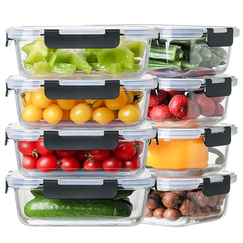 8 Pack 36oz Large Glass Meal Prep Containers with lids, Glass Food Storage Containers with Leak Proof Snap Lock Lids , Airtight Bento lunch Boxes, Kitchen Storage, Oven, Freezer and Dishwasher Safe - color: Black