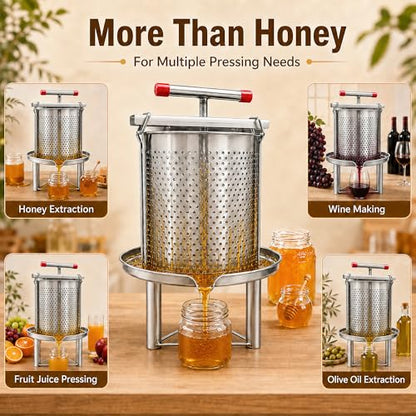 Honey Press Extractor Machine, 3.5 Gallon Stainless Steel Manual Beekeeping Tool Easy to Use Multi-Purpose Honey Wax Fruit Press for Home Use