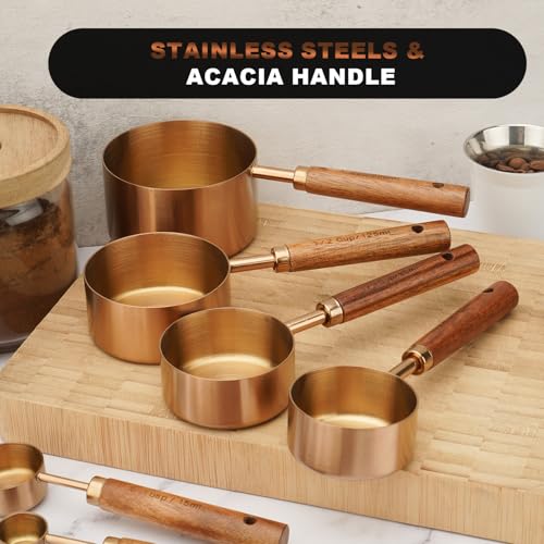 SHIKORI Gold Measuring Cups and Spoons Set with Wood Handles, Premium Stainless Steel Measuring Spoons and Measuring Cups Set, For Cooking and Baking in the Kitchen (Bronze) - color: Bronze
