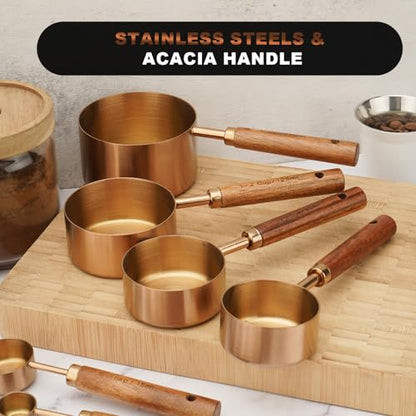SHIKORI Gold Measuring Cups and Spoons Set with Wood Handles, Premium Stainless Steel Measuring Spoons and Measuring Cups Set, For Cooking and Baking in the Kitchen (Bronze) - color: Bronze