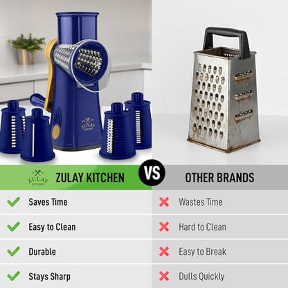 Zulay Kitchen Rotary Cheese Grater 5 Blade Cheese Shredder - Manual Hand Crank Cheese Grater With Reinforced Suction & 5 Interchangeable Drums - Easy to Use, Vegetable Chopper Round Mandoline Slicer - color: Blue and Gold
