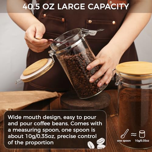 VZZNN 2 Pack 40.5oz Coffee Bean Storage Container with Airtight Bamboo Lids Glass Airtight Coffee Canister with Scoop Storage Container for Grounds Tea Cereal Sugar