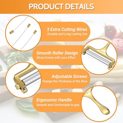 Sopito Cheese Slicer Stainless Steel with 3 Extra Wires Great for Cheddar, Gruyere, Raclette, Mozzarella Cheese Block, Gold - color: Gold