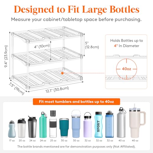 Lifewit Stackable Bottle Storage Organizer, Clear Freestanding Wine Holder for Cabinet, Large Slot Water Bottle Tumbler Cup Organizer for Pantry, Plastic Wine Rack for Fridge Cellar, 3Tier Hold 9 - size: 3 Tier-9 Bottle