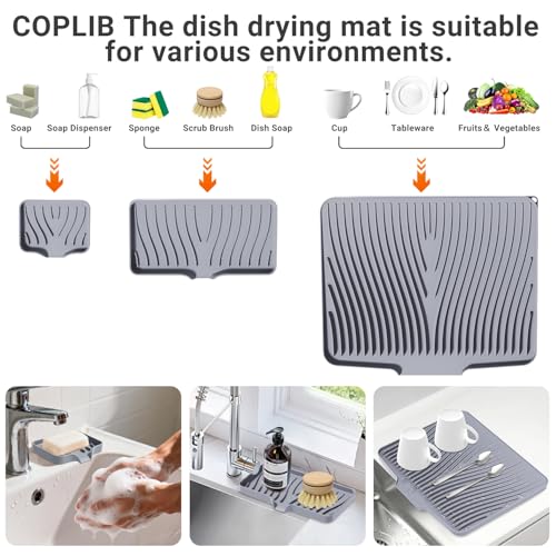 Silicone Dish Drying Mat for Kitchen counter, 15.8"x13" Extra Large Non-Slip Drain Pad with Built-in Drainage, Heat Resistant Dishwasher Safe, Grey - color: Grey-Set, size: 15.8" x 13"
