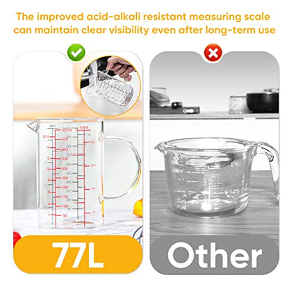 77L High Borosilicate Glass Measuring Cup with Handle, [Double-Sided Measuring Scale, V-Shaped Spout, Insulated handle], Glass Measuring Cup with Three Scales (OZ, Cup, ML) for Liquid (500 ML) - size: 2 Cup (500 ml)