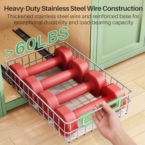Pull out Cabinet Organizer, Stainless Steel 2-Pack Slide out Drawer with Silent Full-Extension Slides, Adhesive Roll out Can Spice Storage Basket Shelf Rack for Pantry, Kitchen, Bathroom, Home Closet - size: (11.8"W x 16.5"D x 4.7"H)