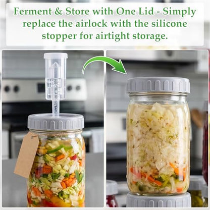 Mifoci 4 Pack Mason Jar Fermentation Kit 32 oz Wide Mouth Glass Fermenting Jars with Rust-free Airtight Lids, Glass Weights & Dual-channel Airlocks All-in-one Set for Kimchi Sauerkraut Pickles