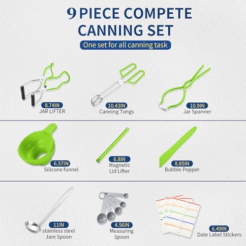 Canning Supplies Starter Kit,Canning Kit for Beginners of 9 with Jar Lifter，Wide Mouth Funnel,Wrench,Tongs,Lid Lifter,Bubble Popper,Canning Labels,ladle,Measuring spoon-Neon Green - color: X9-Neon Green