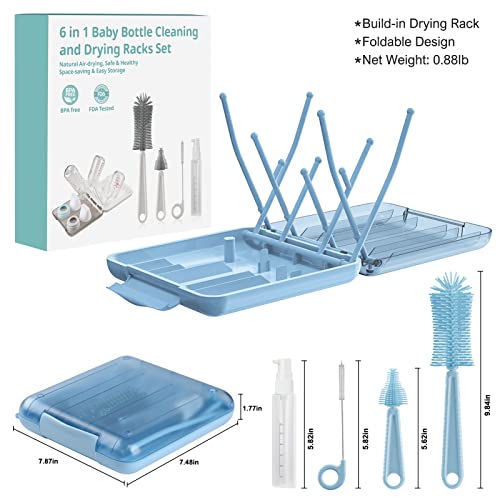 Bottle Brush Set -Baby Travel Essential-6 in 1 Bottle Cleaner Kit with Silicone Bottle Brush,Nipple Cleaner Brush,Straw Brush,Soap Dispenser,Storage Box,Bottle Drying Rack for Home and Travel(Blue) - color: Blue