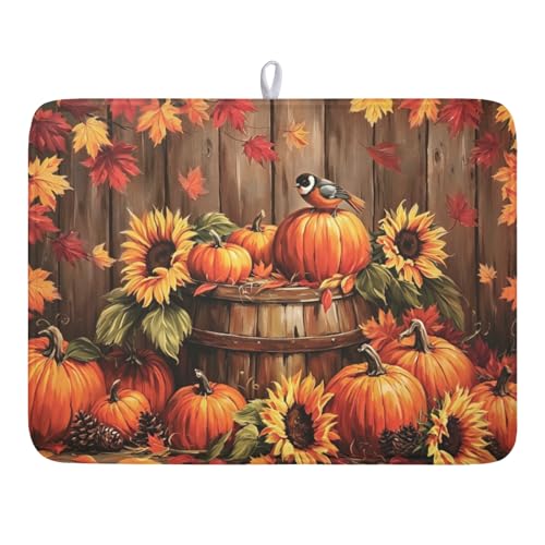 Fall Pumpkin Dish Drying Mat for Kitchen Counter Thanksgiving Autumn Harvest Pumpkin Microfiber Dish Drainer Mat Rustic Farmhouse Absorbent Washable Drying Pad 18"x24" - color: Fall Pumpkin, size: 24" x 18"