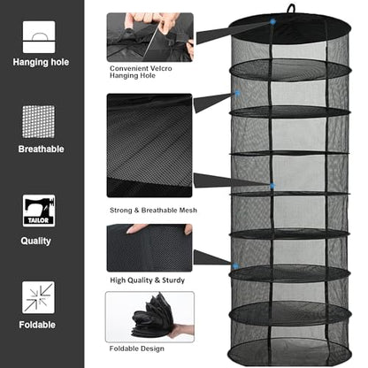 Desy & Feeci Herb Drying Rack Hanging, 8 Layer Collapsible Mesh Dry Net Herb Dryer with S Hang Buckle and Storage Bag, Black (Diameter 60 cm)
