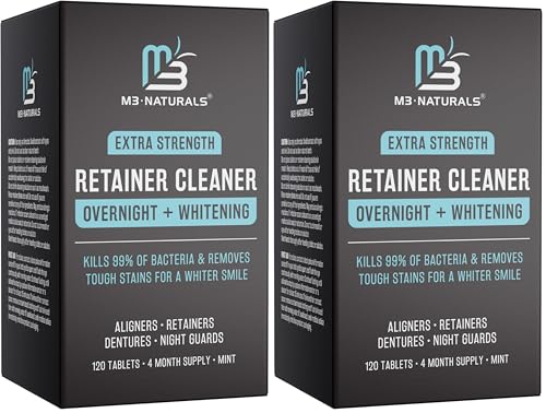 Overnight + Whitening Retainer Cleaner, Remove Stains, Discoloration, and Plaque | 4 Month Supply | Denture Cleanser with Whitening Boost,120 Tablets by M3 Naturals (Pack of 2) - size: 120 Count (Pack of 2)