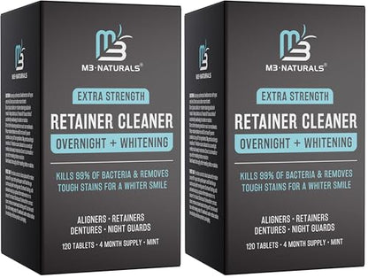 Overnight + Whitening Retainer Cleaner, Remove Stains, Discoloration, and Plaque | 4 Month Supply | Denture Cleanser with Whitening Boost,120 Tablets by M3 Naturals (Pack of 2) - size: 120 Count (Pack of 2)
