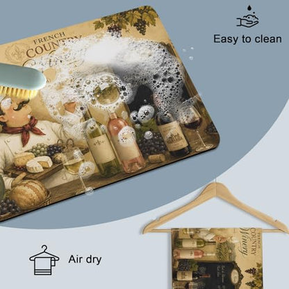 Chef Dish Drying Mats for Kitchen Counter, Wine Bottles Grapes Cheese Rustic Farmhouse Absorbent Coffee Bar Mat with Non-slip Rubber Backed Quick Drying Dish Rack Pad 12"x16" - size: 16" x 12"