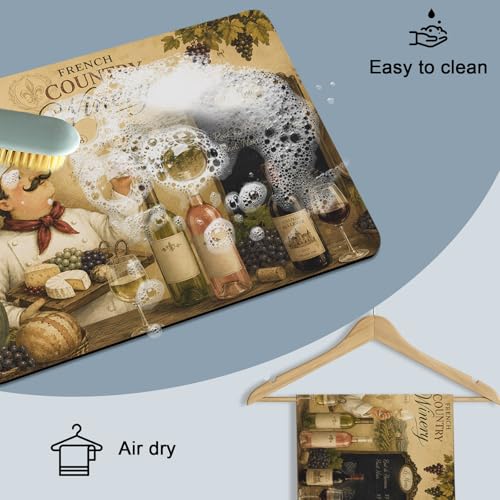 Chef Dish Drying Mats for Kitchen Counter, Wine Bottles Grapes Cheese Rustic Farmhouse Absorbent Coffee Bar Mat with Non-slip Rubber Backed Quick Drying Dish Rack Pad 16"x18" - size: 18" x 16"