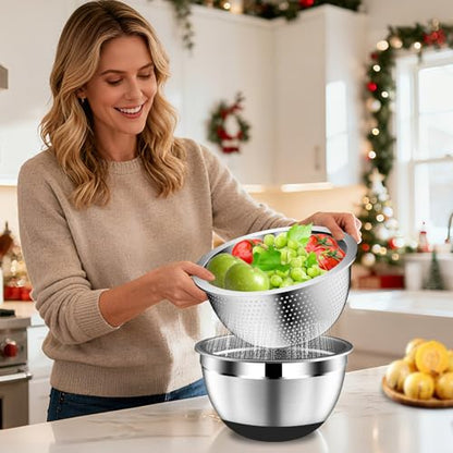 DUTZUN Mixing Bowls with Lids Set - 16pcs Stainless Steel Mixing Bowl Set with Colander, 3 Grater Attachments, Non-Slip Bottom, Metal Nesting Bowls with Strainer for Mixing & Serving - Black - style: 16PCS Black W Nonslip Silicone