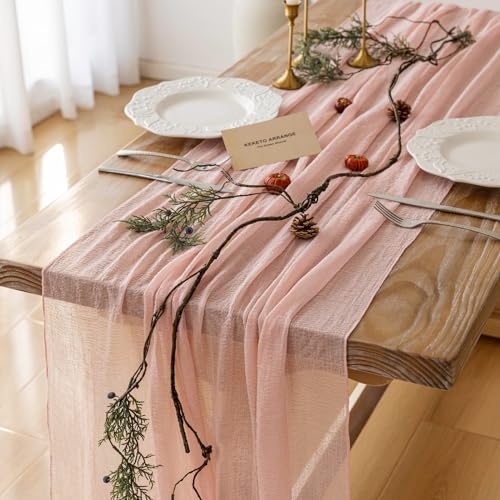 Keketoarrange 6pcs Pink Table Runner Cheese Cloth Rustic Gauze Cheesecloth Table Runner 120 Inch 10 FT for Wedding Baby Bridal Shower Sheer Boho Spring Easter Home Tea Party Decorations - color: Blush Pink, size: 35"x120"(Pack of 6)