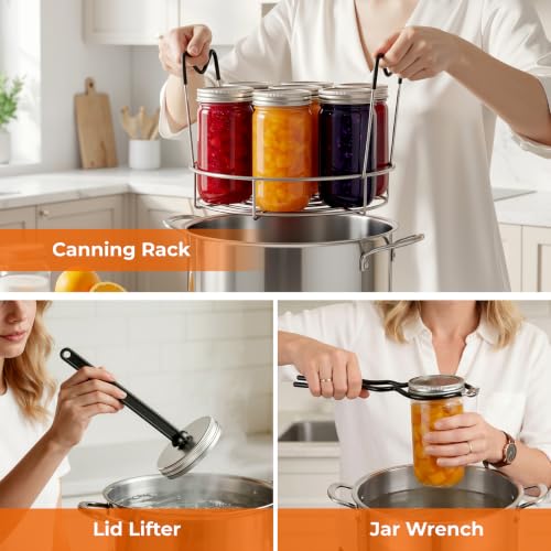 Pisol Canning Supplies Starter Kit, 7 Piece Canning Tools Set with Stainless Steel Rack, Wide Mouth Funnel, Kitchen Tongs, Jar Lifter, Magnetic Lid Lifter, jar Wrench, Bubble Popper - color: Black