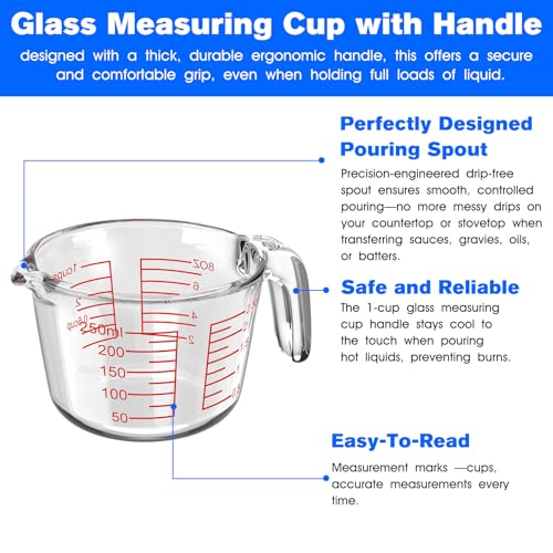 Glass Measuring Cup with V-Shaped Spout & Insulated Handle, 1 Cup(8oz) | 250ml Borosilicate Liquid Measure Cups with Heat Resistant, Microwave Safe, Clear, Easy Pour for Kitchen Baking and Cooking
