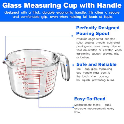 Glass Measuring Cup with V-Shaped Spout & Insulated Handle, 1 Cup(8oz) | 250ml Borosilicate Liquid Measure Cups with Heat Resistant, Microwave Safe, Clear, Easy Pour for Kitchen Baking and Cooking