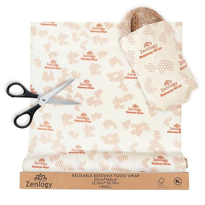 Beeswax Wrap Roll 13" x 55" – Zenlogy Reusable Beeswax Food Wrap, Cut to Size, Organic Cotton & Natural Beeswax, Washable Plastic Free Food Storage