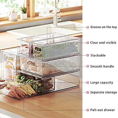 MANO Fridge Drawer Pull Out Stackable Bins with Handle Clear Refrigerator Drawers Organizer Food Storage Container Box Plastic Produce Saver for Pantry, Cabinet, Kitchen, Clothes（4Pack） - style: 4L