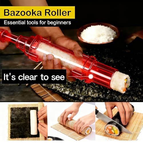 Sushi Making Kit – Clear Sushi Bazooka Roller & Bamboo Sushi Rolling Mat, Easy DIY Sushi Maker Tool Set for Beginners, Homemade Sushi Rolls for Kitchen & Party (Clear Red) - color: Clear Red