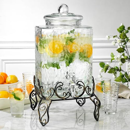5 GALLON Drink dispenser, Glass Beverage Dispenser With Elegant Stand, Large Water Drink Dispensers for Parties With 100% Leak Proof Spigot, Ideal for Lemonade,Juice, Tea, and Party Drinks - color: Clear-5 Gallon&Stand