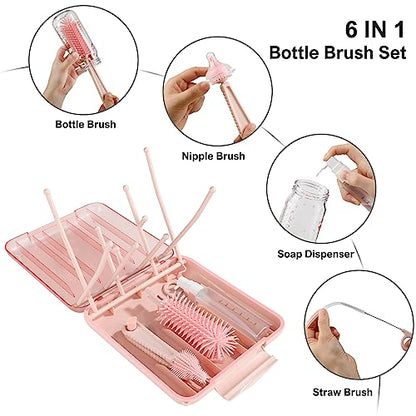 YomauiYee Baby Bottle Brush Set-6 in 1 Bottle Brush Cleaner with Silicone Bottle Brush,Drying Rack,Nipple Brush,Straw Brush,Soap Dispenser&Storage Box-Baby Essentials Gifts for Home&Travel(Pink) - color: Pink