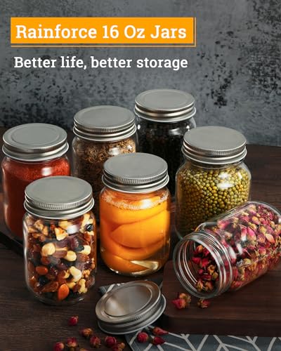 Rainforce 16 oz Mason Jars With Lids Regular Mouth 15 Pack-16oz Glass Jars with Silver Lids,Bulk Pint Clear Glass Jars For Meal Prep, Food Storage With 20 Labels - color: Silver