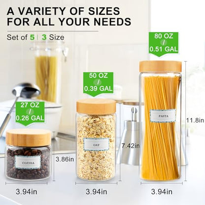 AISIPRIN Airtight Glass Jar with Lid, Glass Storage Containers with Screw On Bamboo Lids, for Cookie, Pasta, Cereal Storage Containers, 5Pcs 80oz 50oz 27oz Canisters Sets for the Kitchen - size: 5 jars: 80oz, 50oz, 27oz